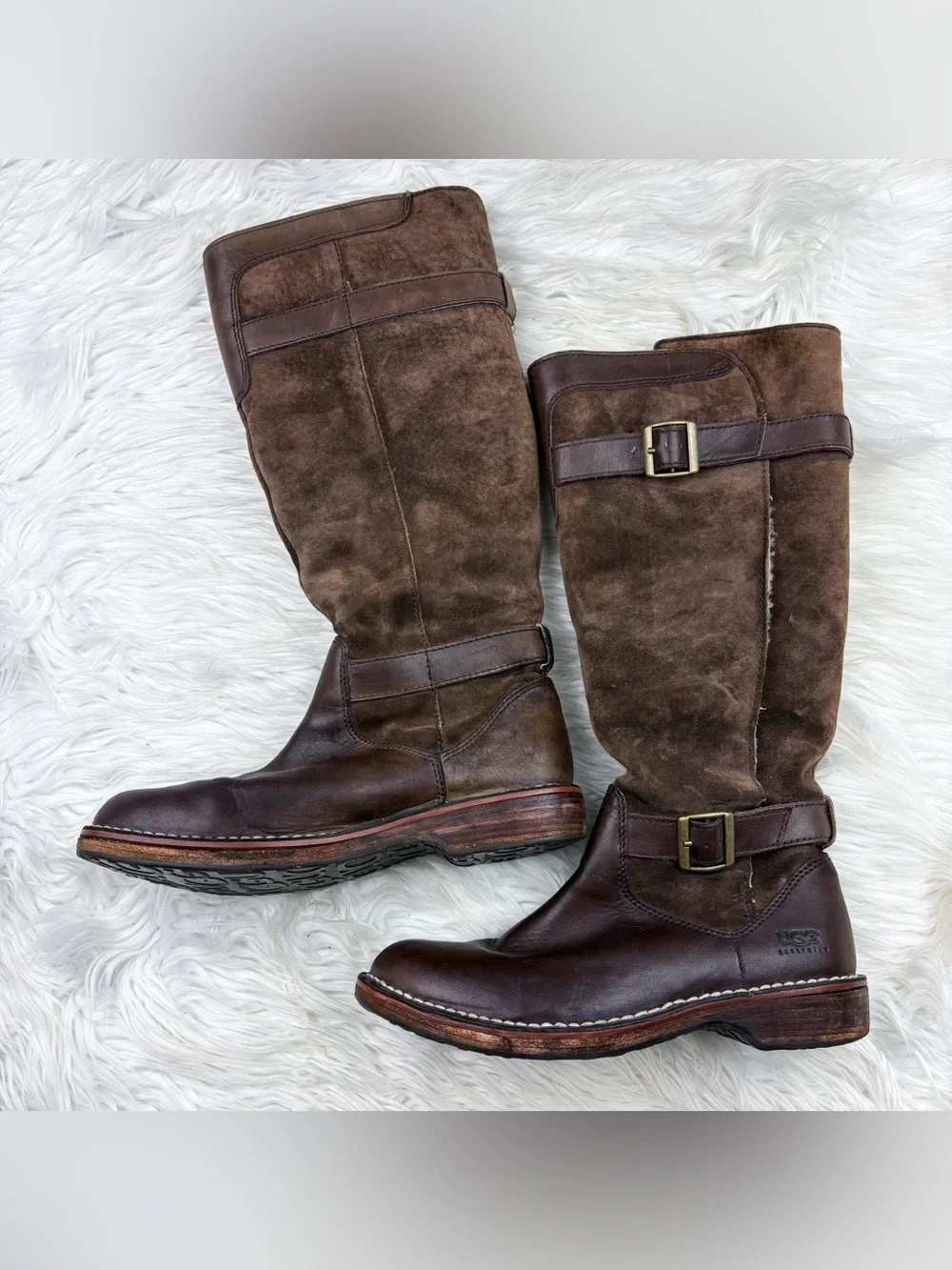 UGG Dunwich Shearling Sherpa Lined Suede Leather Tall Riding Boots Winter Brown